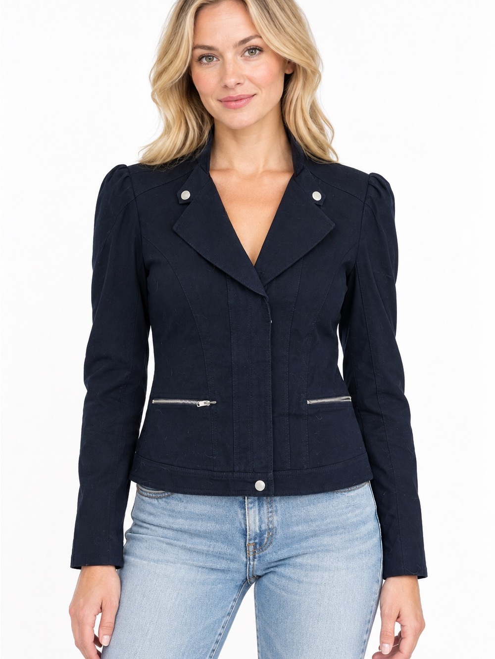 White House Black Market Dark Navy Fitted Blazer with Zip Pockets
